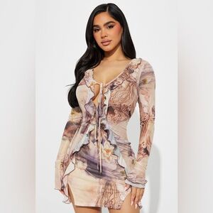 Fashion Nova Floral Tie-Front Dress in Cream and Pink
